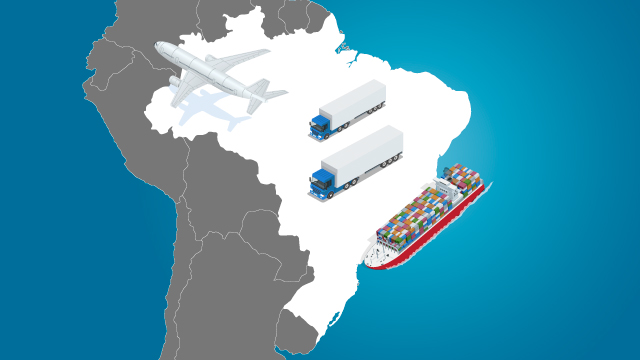 53% das exportações do Brasil para a América do Sul em 2014 ocorreram via transporte marítimo, 39% por transporte rodoviário e, 5%, aéreo